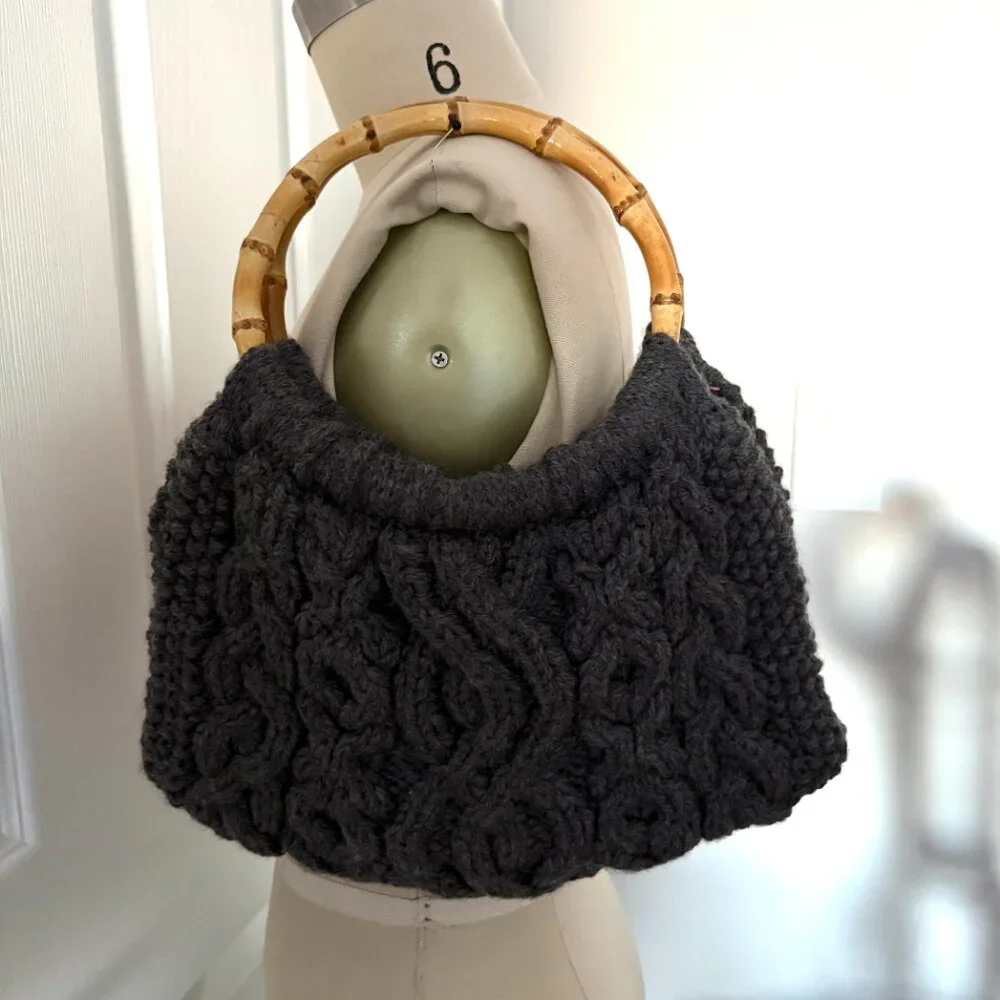 Knit Sweater Bag Grey Bamboo Handles Handbag Cable Knit Purse Grandmacore